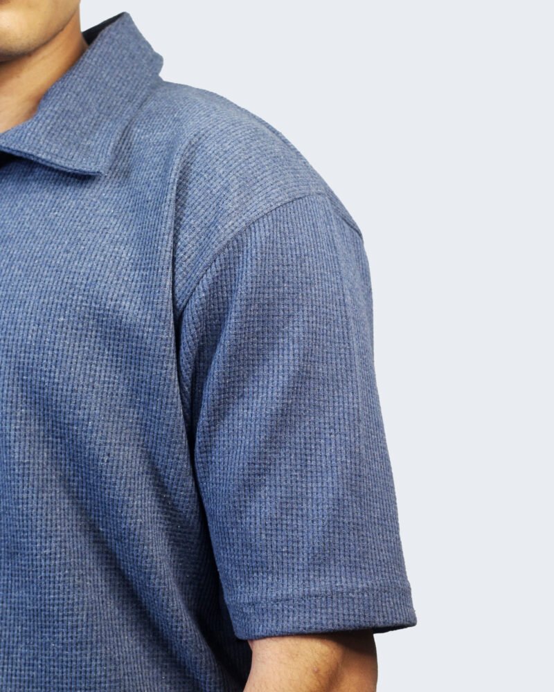 Waffle Knit Polo Shirt - Blue - Image 3