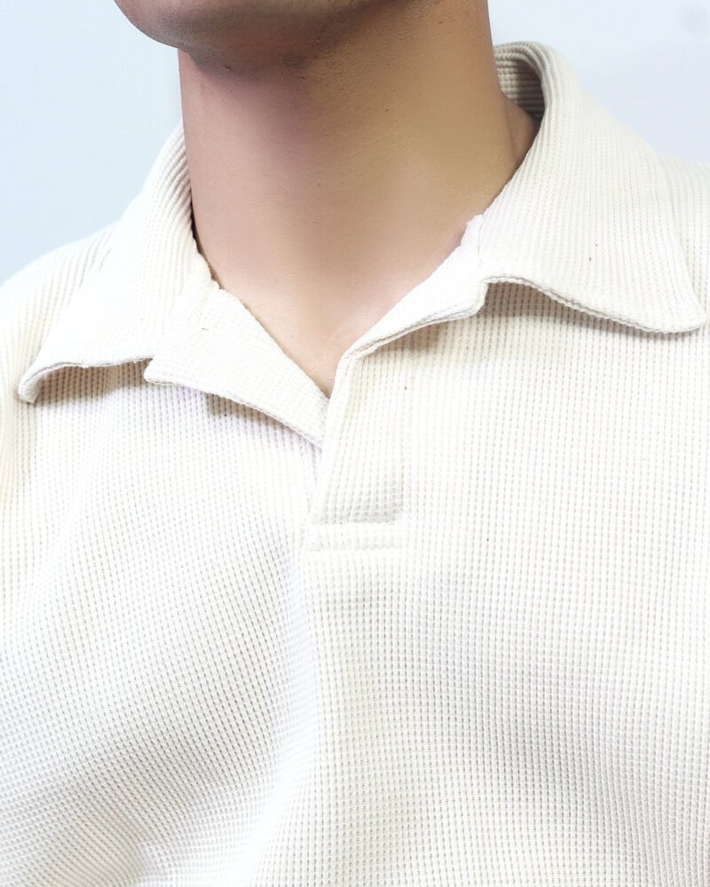 Waffle Knit Polo Shirt - Beige - Image 3